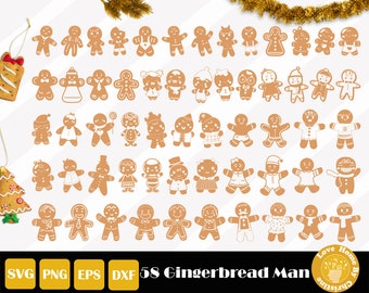May include: A set of 58 gingerbread man SVG cut files. The gingerbread men are in various poses and wearing different hats, scarves, and accessories. The files are perfect for creating personalized Christmas decorations, cards, and gifts.
