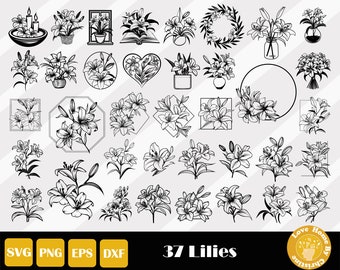 Flor de lírio Svg, Lily Svg, arte de linha floral, Svg floral, buquê de flores Svg, clipart de flores, lírios Svg, flores Svg, download instantâneo