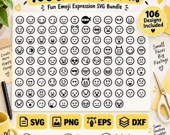 Könnte beinhalten: Eine digitale Sammlung von 106 schwarz-weißen Emoji-Schnittdateien mit verschiedenen Gesichtsausdrücken. Die Grafik enthält den Text 106 Emotions Cut Files, Fun Emoji Expression SVG Bundle und 106 Designs Included sowie SVG-, PNG-, EPS- und DXF-Symbole.