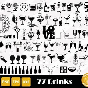 Pode incluir: Um download digital em preto e branco de 77 arquivos de corte SVG diferentes relacionados com vinho e bebidas. Os designs incluem copos de vinho, garrafas, uvas, saca-rolhas e as palavras "vinho" e "amor".
