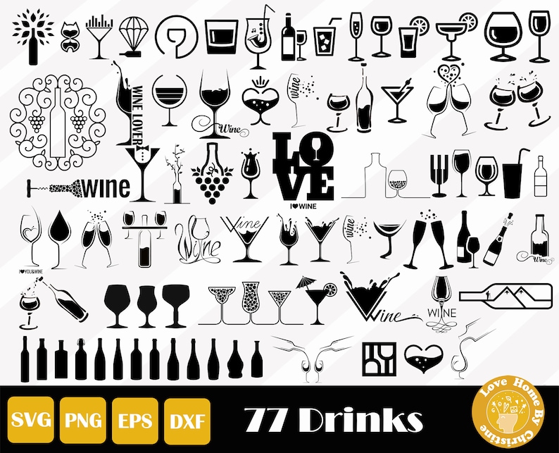 K&ouml;nnte beinhalten: Ein digitaler Download in Schwarzwei&szlig; mit 77 verschiedenen SVG-Schnittdateien zum Thema Wein und Getr&auml;nke. Die Designs beinhalten Weingl&auml;ser, Flaschen, Trauben, Korkenzieher und die W&ouml;rter "Wein" und "Liebe".