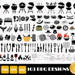 Könnte beinhalten: Ein Satz von 103 Schwarzweiß-Illustrationen zum Thema BBQ. Die Illustrationen umfassen Grills, Essen, Utensilien und andere BBQ-relevante Gegenstände. Der Text "Love Home By Christine" befindet sich in der unteren rechten Ecke des Bildes.