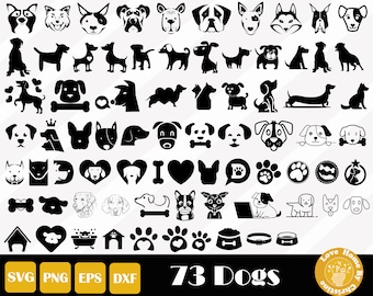 May include: A set of 73 black and white dog silhouette illustrations. The illustrations include various dog breeds, poses, and accessories, such as bones, hearts, and paw prints. The illustrations are perfect for crafting, scrapbooking, and other creative projects.
