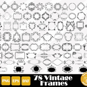 Könnte beinhalten: Ein Satz von 78 Vintage-Rahmenillustrationen in Schwarzweiß. Die Rahmen sind verziert und weisen verschiedene florale und geschwungene Designs auf. Die Rahmen sind perfekt, um jedem Projekt einen Hauch von Eleganz zu verleihen.