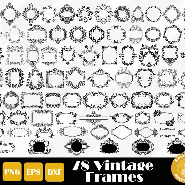 78 Vintage Frames Svg, Monogram Frame, Vintage Label Svg, Wedding Frame PNG SVG EPS Files for Cricut Silhouette, Easy Cut, Instant Download