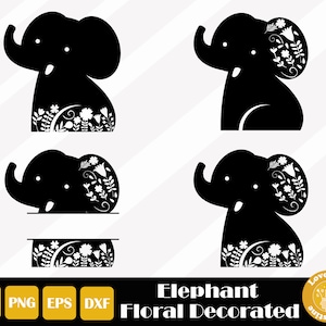 Puede incluir: Cuatro imágenes en silueta negra de elefantes con diseños florales. Los elefantes están en diferentes poses, algunos mirando hacia adelante y otros de lado. Los diseños florales son intrincados y detallados, y cubren los cuerpos y las orejas de los elefantes. El texto "Elephant Floral Decorated" está debajo de las imágenes.