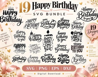 19 Happy Birthday SVG-bundel: Citaten, taarttoppers en feestuitknipsels