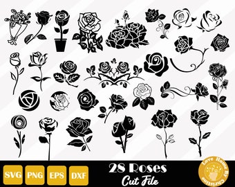 28 Roses SVG, Flowers SVG and Leaves for Cricut Silhouette Files, Easy Cut, Instant Download