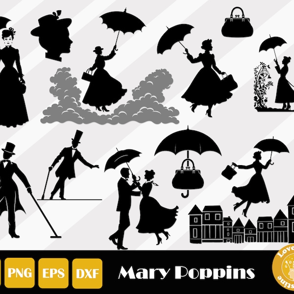 Mary Poppins Vector, Mary Poppins Svg, Mary Silhouettes, Mary Poppins Clipart, Mary Poppins Shirt, Umbrella Svg, Mary Poppins Vector