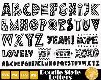 May include: Black and white doodle style alphabet letters with a variety of patterns and designs. The letters are arranged in two rows, with the first row containing the letters A through K and the second row containing the letters L through Z. The letters are all uppercase and are in a bold, playful font. The letters are surrounded by a white background.