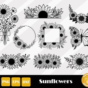 Può includere: Disegni di girasoli in bianco e nero in varie disposizioni, tra cui un bouquet, una ghirlanda e una farfalla. L'immagine include il testo "Sunflowers" e le icone dei tipi di file per SVG, PNG, EPS e DXF.