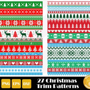 May include: 27 Christmas trim patterns in a variety of colors and designs. The patterns include snowflakes, reindeer, trees, and hearts. The patterns are perfect for adding a festive touch to your holiday crafts.