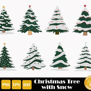 May include: Set of eight digital clipart images of Christmas trees with snow. The trees are green with white snow and red or gold ornaments. The trees are isolated on a white background.
