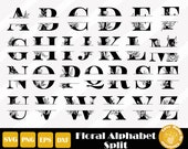 26 Split Monogram Svg, Split Letters Svg, Monogram Cut File, Floral Alphabet SVG, For Cricut Silhouette, Easy Cut, Instant Download