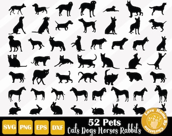 52 Pets Dogs Cats Horses Rabbits SVG Files for Cricut Silhouette Files, Easy Cut File, Instant Download