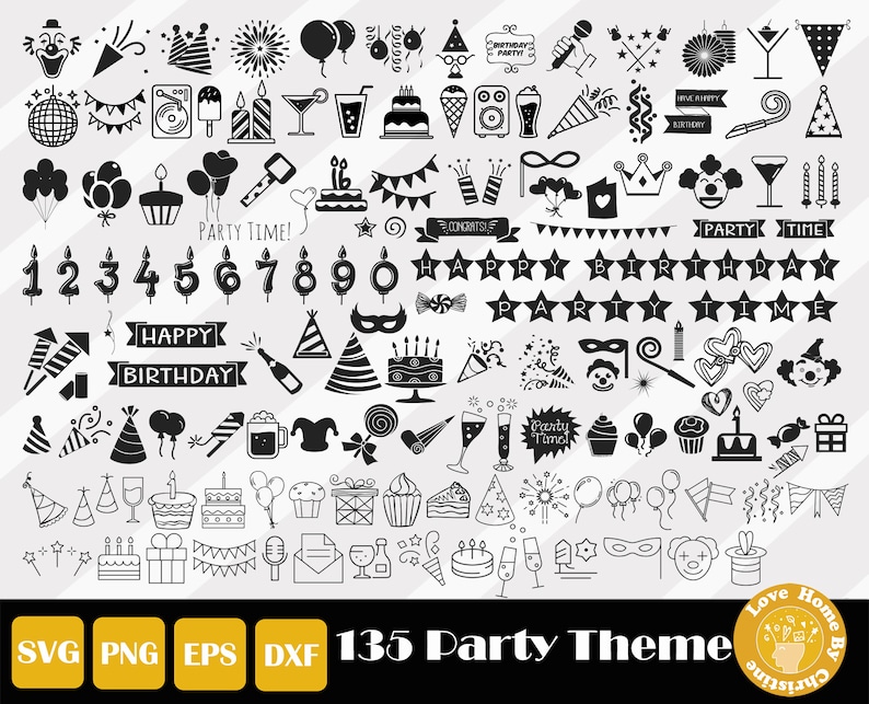 May include: A collection of 135 black and white digital icons featuring party themes including balloons, birthday cakes, party hats, fireworks, clowns, gift boxes, banners, confetti, and the text phrases Happy Birthday, Party Time, and Congrats.