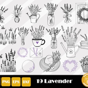 Könnte beinhalten: Ein Set mit 19 Schwarzweißillustrationen von Lavendelblüten, Kränzen, Gläsern, einer Gießkanne, einem Hut, einem Herzen, einer Tür, einem Korb, Bienen und einem Umschlag. Die Illustrationen sind im handgezeichneten Stil gehalten und eignen sich perfekt für Bastelprojekte, Scrapbooking oder digitales Design.