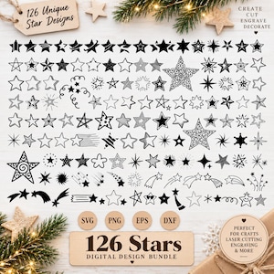 May include: A digital design bundle featuring 126 unique black star illustrations in various styles, including solid, outlined, sketched, and shooting star motifs. The collection includes SVG, PNG, EPS, and DXF file formats for crafting.