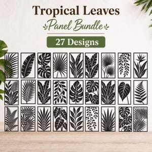 Könnte beinhalten: Eine Sammlung von 27 schwarz-weißen tropischen Blattdesigns in rechteckigen Paneelen. Der Text "Tropical Leaves Panel Bundle" und "27 Designs" ist oben abgebildet. Die Paneele sind in einem Raster angeordnet.