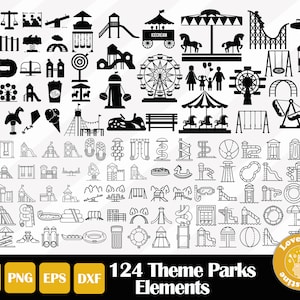 124 Theme Park Rides SVG Slides, Swing, Bumper Car, Karussell Pferd, Achterbahn, Cricut Silhouette Dateien, Easy Cut, kommerzielle Nutzung