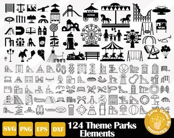 124 Theme Park Rides SVG Slides, Swing, Bumper Car, Carousel Horse, Roller Coaster, Cricut Silhouette Files, Easy Cut, Commercial Use