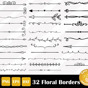 May include: A set of 32 black and white floral borders, including arrows, swirls, and leaves. The borders are ideal for adding a touch of elegance to any project.