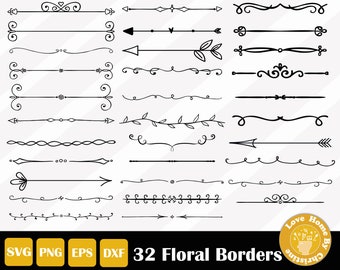 May include: A set of 32 black and white floral borders, including arrows, swirls, and leaves. The borders are perfect for adding a touch of elegance to any project.