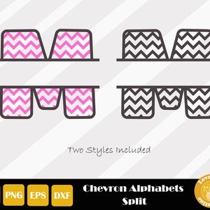 May include: Two styles of split chevron alphabet letters. The first style is pink and white chevron with a black outline. The second style is black and white chevron with a black outline. The text "Chevron Alphabets Split" is below the images.