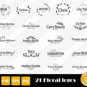 May include: A set of 21 black and white floral logo designs. The logos feature various floral elements and text, such as "Anna Studio", "Debbie Bentley Photography", and "Carry Beauty".