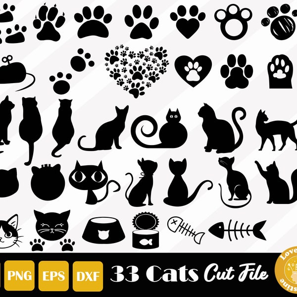 33 Cute Cats SVG, Cat Clipart, Paw Cut Files for Cricut Silhouette Files, Easy Cut, Instant Download