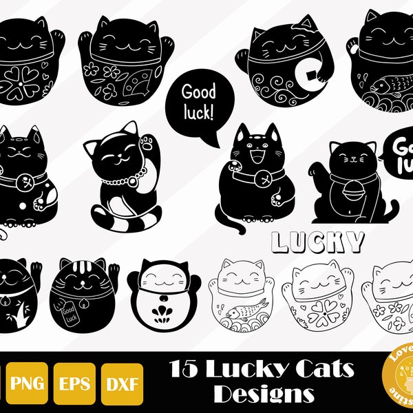 15 Lucky Cat SVG, Fortunate Cat Svg, Maneki Neko Clipart, Cute Cat Cut Files for Cricut Silhouette, Easy Cut, Instant Download