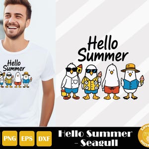 Könnte beinhalten: Weißes T-Shirt mit dem Text "Hello Summer" und einer Grafik von Cartoon-Möwen, die Sonnenbrillen, Hemden tragen und Eiswaffeln halten. Das Bild enthält auch den Text "Hello Summer - Seagull".