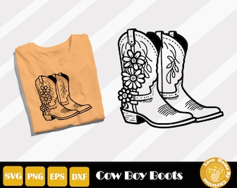 May include: A black and white illustration of a pair of cowboy boots with floral embellishments. The boots are on a light orange background.