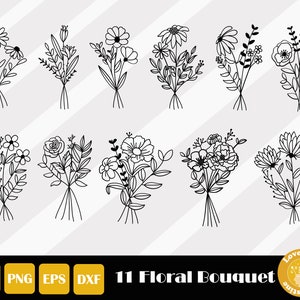 Buquê floral Svg, Svg botânico, clipart de buquê, ramo de flores Svg, segurando flor Svg, arte de linha Svg, flor desenhada à mão, download instantâneo