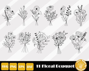 Buquê floral Svg, Svg botânico, clipart de buquê, ramo de flores Svg, segurando flor Svg, arte de linha Svg, flor desenhada à mão, download instantâneo