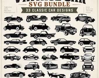Puede incluir: Una colección digital de 33 siluetas negras de coches clásicos titulada Vintage Car SVG Bundle. El gráfico presenta varios estilos de automóviles, incluyendo descapotables, cupés y camiones dispuestos en una cuadrícula sobre un fondo claro.