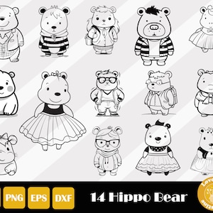 14 Hippo Bear Svg, Kids Boy Svg, Cute Girl Svg, Ballerina Cut File, Hippo Bear Clipart, Instant Download