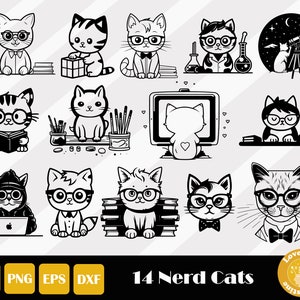 14 Nerd Cat Svg, Cat Cut File, Cute Cat Svg, Cat Cutting File, Book Nerd Svg, Cat Book Lover Svg, Funny Cat Svg, Geek Cat Cut File