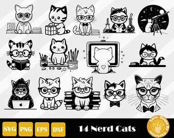 14 Nerd Cat svg, archivo de corte de gato, lindo gato svg, archivo de corte de gato, libro nerd svg, gato amante del libro svg, gato divertido svg, archivo de corte de gato geek