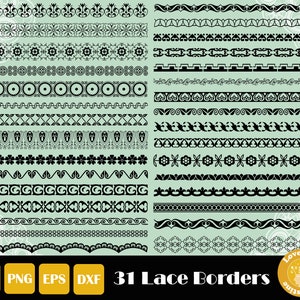 May include: A set of 31 black and white lace border designs. The borders are arranged in rows and are perfect for adding a decorative touch to any project.