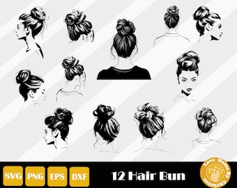 12 Messy Hair Bun Svg, Girl With Bun Svg, Natural Hair Svg, Hair Bun Svg, Mom Life Svg,  Hairstylist Svg, Messy Bun Png, Instant Download