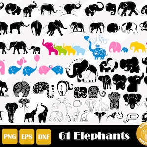 Może przedstawiać: Cyfrowy plik do pobrania z 61 wzorami sylwetki słonia w różnych pozach i stylach. Wzory obejmują słonie z sercami, balonami i tekstem "Jestem szczęśliwy" i "To jest...  Grelephant".