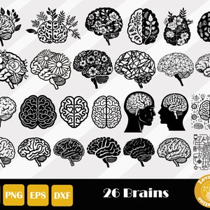 May include: A set of 26 black and white brain illustrations. The brains are in various styles, including simple outlines, detailed anatomical drawings, and stylized designs. The text "26 Brains" is at the bottom of the image.