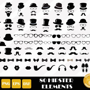 Puede incluir: Un conjunto de 80 elementos gráficos de estilo hipster en blanco y negro. Los elementos incluyen sombreros, gafas, bigotes, pajaritas, labios, pipas y auriculares. El texto "SO HIPSTER ELEMENTS" está en la parte inferior de la imagen.