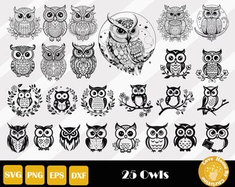 25 Owl Svg, Owl Clipart, Owl Png, Floral Owl Svg, Owl Vector, Owl Zentangle Svg, Owl Mandala Svg, Owl Cut File, Instant Download