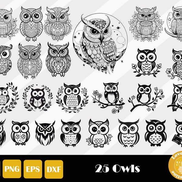 25 Owl Svg, Owl Clipart, Owl Png, Floral Owl Svg, Owl Vector, Owl Zentangle Svg, Owl Mandala Svg, Owl Cut File, Instant Download