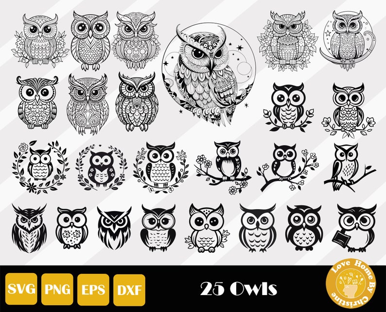 Puede incluir: Un conjunto de 25 ilustraciones de b&uacute;hos en blanco y negro. Los b&uacute;hos est&aacute;n en varias poses y estilos, incluyendo algunos con coronas, ramas y lunas. El texto "25 Owls" est&aacute; en la parte inferior de la imagen.