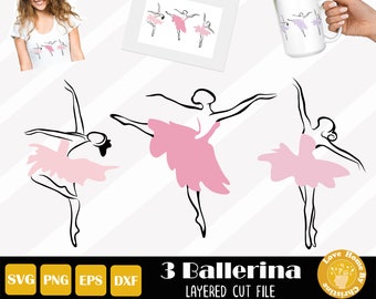Puede incluir: Una descarga digital de tres archivos de corte en capas que presentan una silueta de bailarina en un tutú rosa. Los archivos están etiquetados como SVG, PNG, EPS y DXF. El texto "3 Ballerina Layered Cut File" se muestra debajo de las imágenes.
