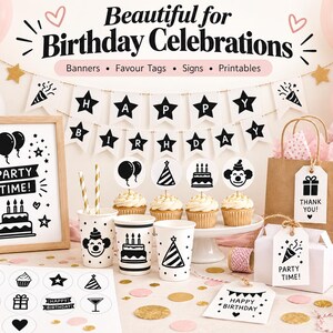 May include: A collection of black and white birthday party supplies including a banner reading Happy Birthday, a framed sign saying Party Time, paper cups, cupcake toppers, gift tags with Thank You and Party Time text, and a sheet of stickers.