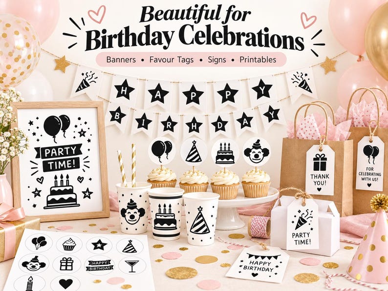 May include: A collection of black and white birthday party supplies including a banner reading Happy Birthday, a framed sign saying Party Time, paper cups, cupcake toppers, gift tags with Thank You and Party Time text, and a sheet of stickers.